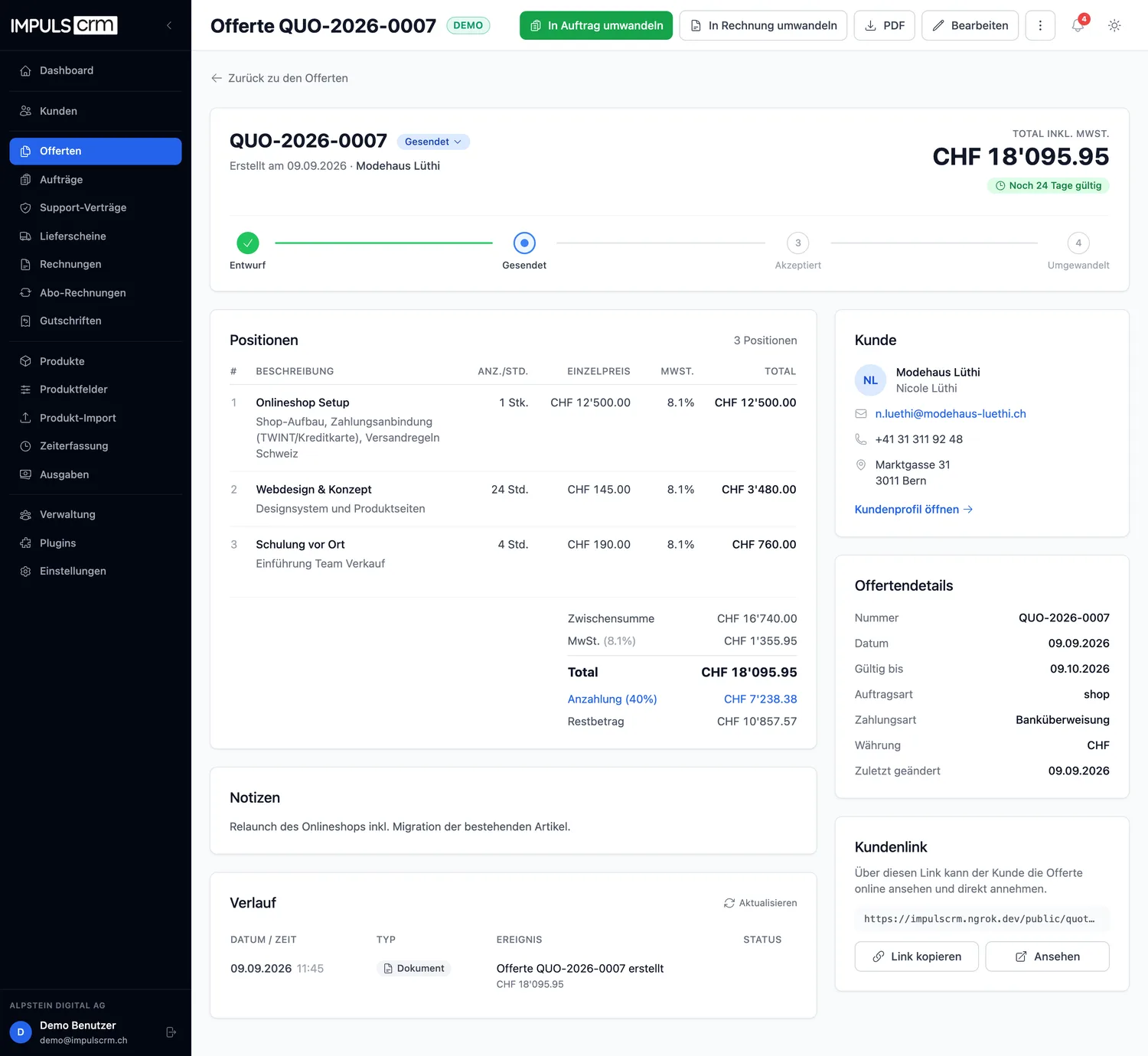 Offertendetail in impulsCRM mit Positionen, Status und Knopf «In Auftrag umwandeln»