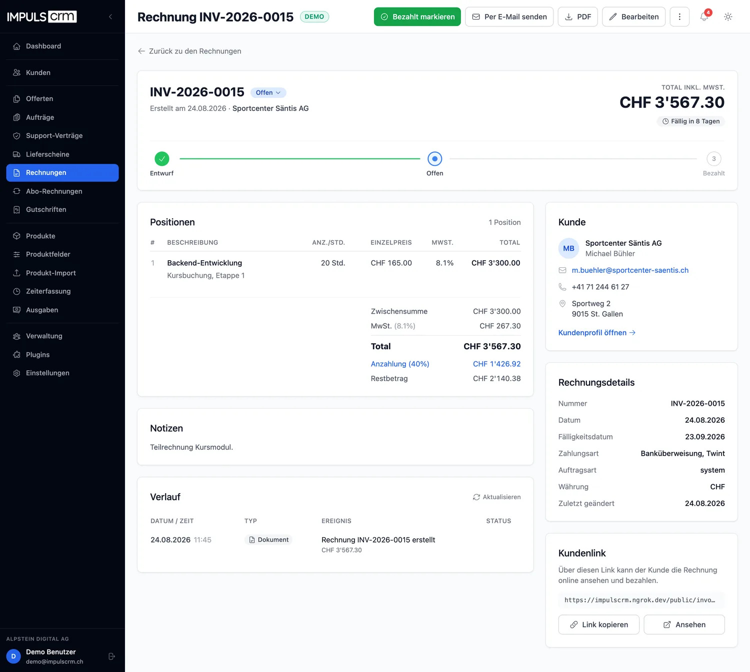 Rechnungsdetail in impulsCRM mit Swiss QR Bill, Status «Offen» und PDF-Export