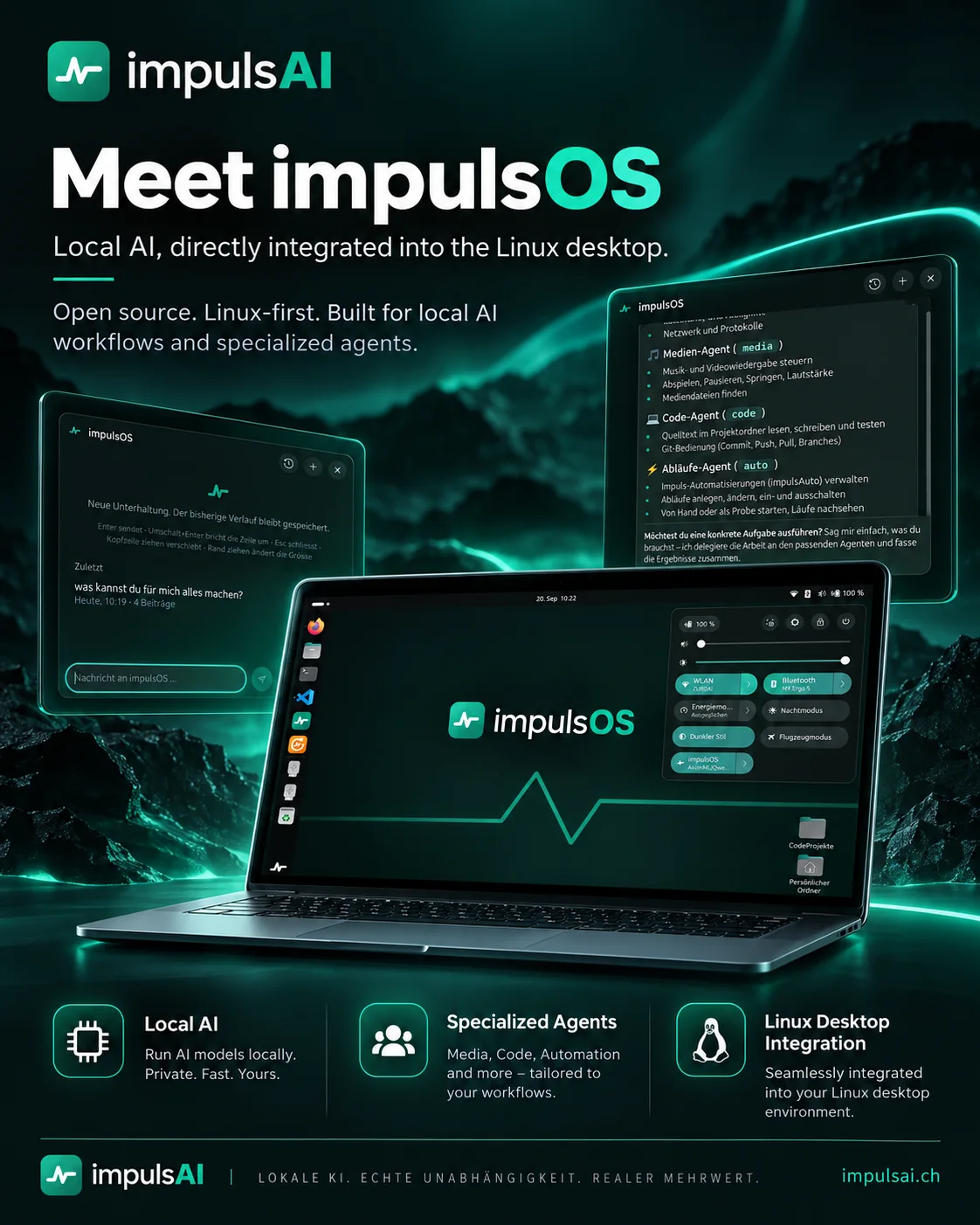 impulsOS: Linux-Desktop auf einem Laptop mit integriertem KI-Assistenten und Agenten für Medien, Code und Abläufe