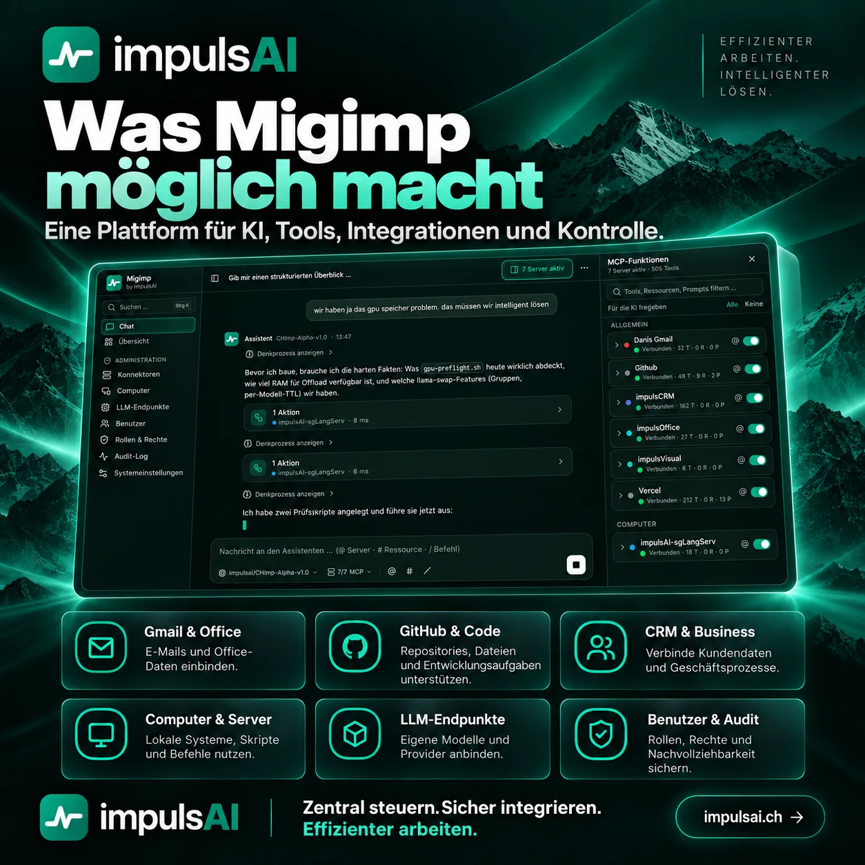 MigImp: KI-Chat mit MCP-Panel und angebundenen Servern wie Gmail, GitHub, impulsCRM und eigenen Computern